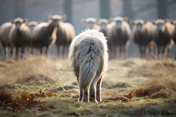 Deurstickers Back view of wild wolf or dog in front of herd of livestock sheep © Firn