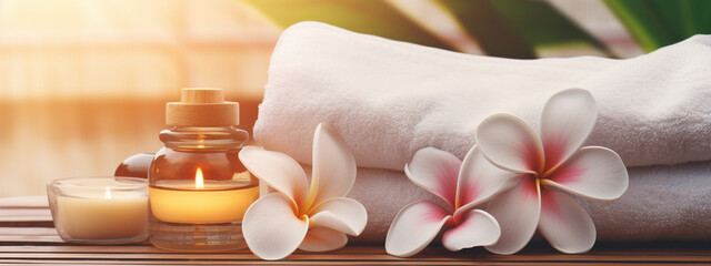 Spa composition. Towels, plumeria flowers and a jar of butter.Generative AI
