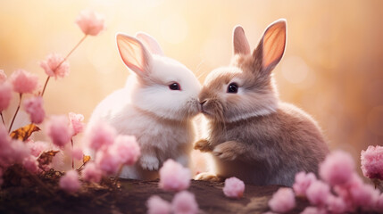 Two cute rabbits love. Friendship with the Easter Bunny. Happy rabbit.Generative AI