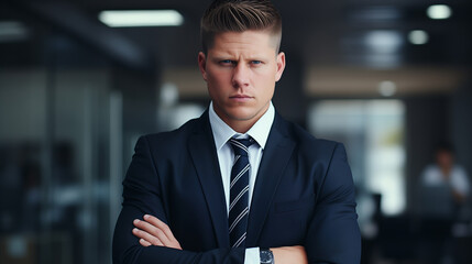 Discerning man in strict suit looks sharply at camera. Brand messaging, Website, Social media, Magazine, Outdoor ads - obrazy, fototapety, plakaty