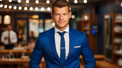 A man in a blue suit and tie standing in a restaurant with a blurry background of a bar. Product shots, Catalog, Brochure, Magazine ad, TV.