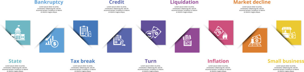 Infographics with Crisis theme icons, 10 steps. Such as state, bankruptcy, tax break, credit and more. - obrazy, fototapety, plakaty