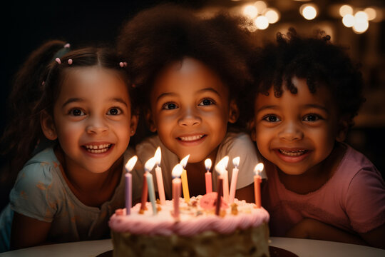 Three children are smiling and looking at a birthday cake with lit candles on it.