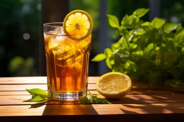 A refreshing glass of iced tea, garnished with a slice of lemon and a sprig of mint, sitting on a rustic wooden table in the warm afternoon sunlight