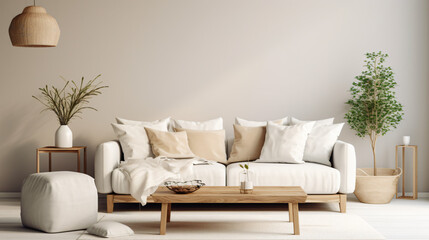 Modern house interior details. Simple cozy beige living room