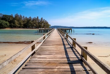 Fototapeta na wymiar wooden bridge over the beach with calm and clean water. generative ai