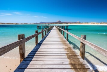 Fototapeta na wymiar wooden bridge over the beach with calm and clean water. generative ai