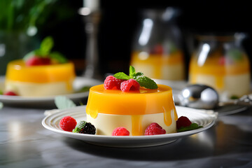 sweet dessert panna cotta with mango and raspberries