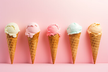 assorted berry and fruit ice cream isolated on pink purple background, sweet dessert on a summer background