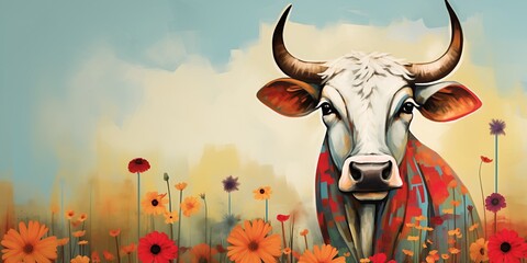 a bull in a field of flowers - 685123110