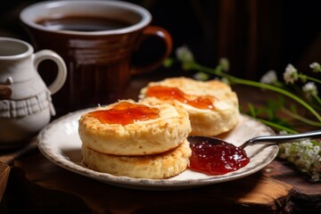A freshly toasted English Muffin, spread with melting butter and strawberry jam, served on a vintage ceramic plate with a cup of hot tea on a rustic wooden table