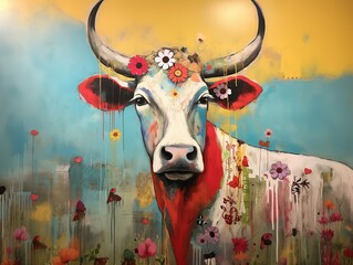 An collage style flower power bull with copy space - 685123173