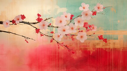 A blossoming tree branch in pink and blue  - 685123175