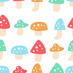 Childish seamless pattern with colorful doodle of mushrooms. Perfect for background, wrapping, fabric, and more