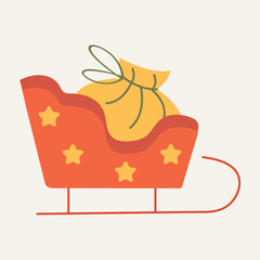 Element of winter set in flat cartoon design. This bright illustration reflects the colorful Christmas style and cozy atmosphere, complemented by the sleigh with gifts. Vector illustration.