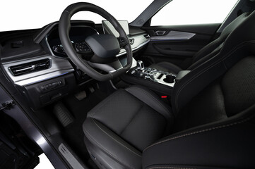 Modern car interior with screen and leather
