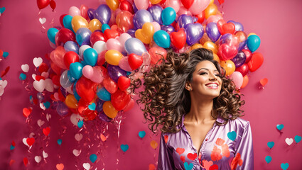 Fototapeta na wymiar Portrait of a beautiful girl with heart-shaped balloons