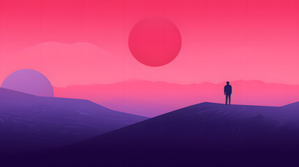 minimalistic red abstract background with a man looking at the red sun
