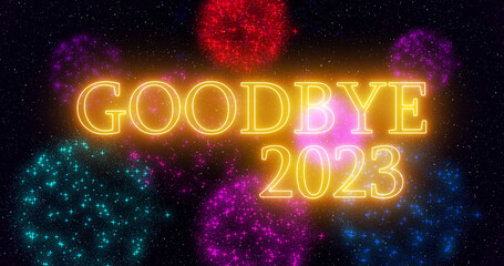 Gold neon color Goodbye 2023 Welcome 2024 text illustration with neon colorful fireworks in high-resolution. Past year 2023 new year 2024.