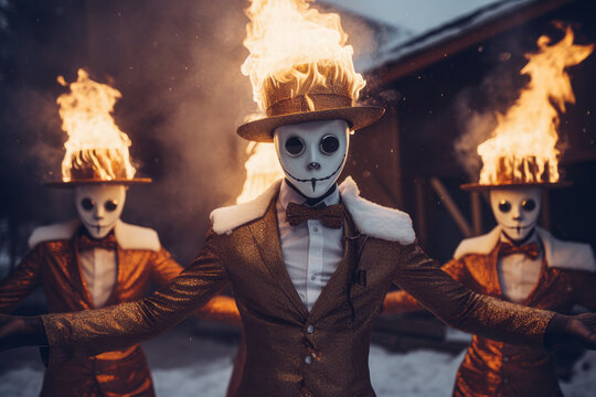 Crazy creepy people having the craziest horrible fire flame mask costumes for Halloween party.