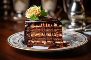 A delectable Prinzregententorte, beautifully layered with sponge cake and chocolate buttercream, topped with a glossy layer of chocolate glaze, served on a vintage porcelain plate - obrazy, fototapety, plakaty