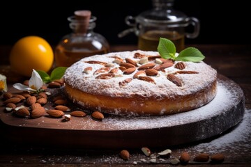 A beautifully presented Torta della Nonna, a traditional Italian dessert, garnished with pine nuts and dusted with powdered sugar, served on a rustic wooden table