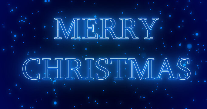 Blue neon color Merry Christmas text illustration with blue neon color snow in high-resolution. Blue neon color Merry Christmas animation.