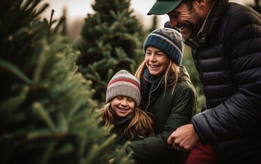 A family laughing and enjoying the process of selecting a large fir tree at a winter tree farm