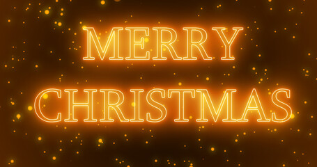 Gold neon color Merry Christmas text illustration with gold neon color snow in high-resolution. Gold neon color Merry Christmas animation.