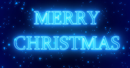 Blue neon color Merry Christmas text illustration with blue neon color snow in high-resolution. Blue neon color Merry Christmas animation.