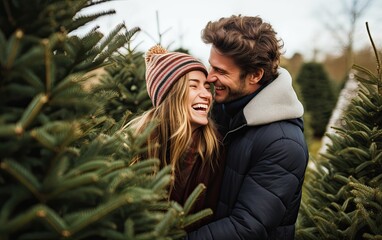 A couple sharing a laugh while carrying a medium-sized fir tree together at a winter tree farm - Powered by Adobe