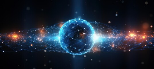 connected network sphere from the global cloud with lines, blue background, in the style of lens flare, smooth and curved lines