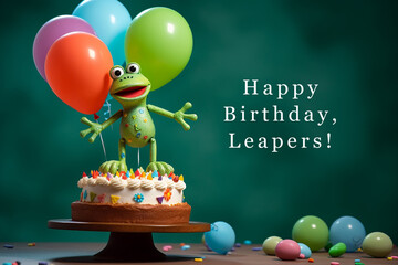 Happy Birthday Leapers greeting card. February 29, Leap Day. Frog, Birthday cake and balloons