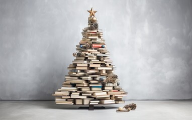 A charming Christmas tree crafted from books on a grey background