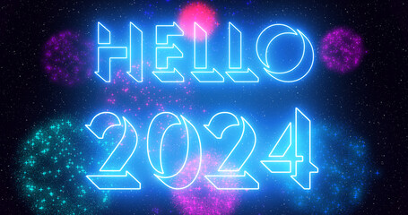 Hello, 2024 - illustration neon colored with neon colorful fireworks in high-resolution. Hello, 2024 - illustration with neon colorful fireworks.