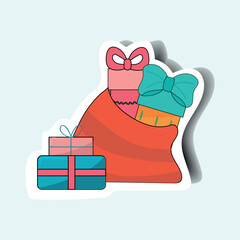 A bag with presents of the sticker set. Presents stand out with this colorful Christmas sticker featuring a whimsical bag of gifts. Vector illustration.
