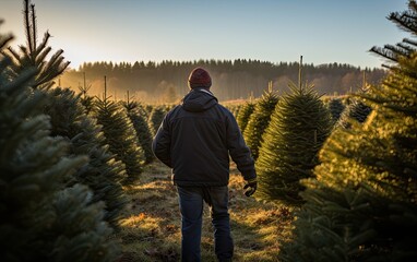 Fototapeta premium A person carefully selecting a tall fir tree from a Christmas tree farm