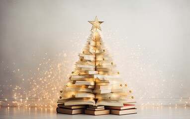 Christmas tree made of books, with the holiday lights creating a warm and inviting background
