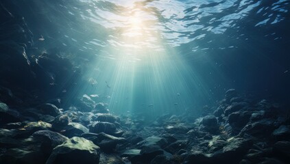 Sunlight piercing through the ocean's surface, highlighting the underwater tranquility. - obrazy, fototapety, plakaty