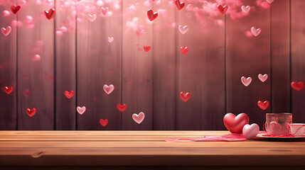 Pink and red hearts on wooden background for valentine's day