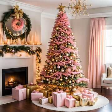 decorated Christmas tree in pink and gold