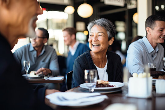 A cheerful group of friends, including seniors and adults, enjoy a happy meal together in a restaurant, sharing laughter and togetherness.