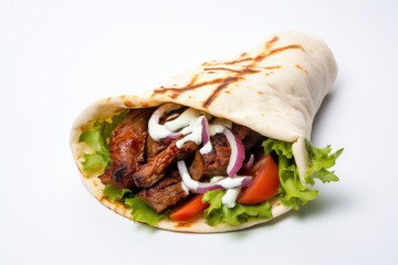 Mouthwatering Greek pita sandwich with grilled meat, lettuce, tomato, and sauce - a delicious and satisfying meal.