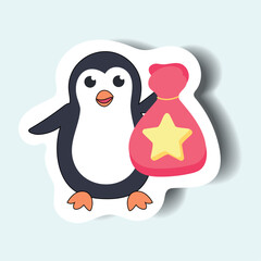 Penguin of the set in sticker style. Highlighting of the holiday season in style with this vibrant and lively Christmas sticker penguin character with bag of gifts. Vector illustration.