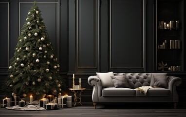 Black  living room with decorated Christmas tree and sofa during holiday times