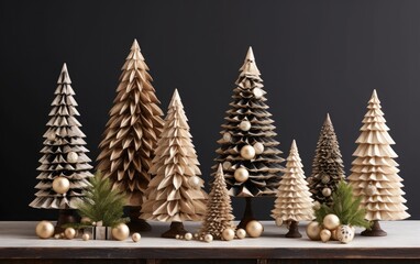 Handmade decorated Christmas trees on a dark  background 