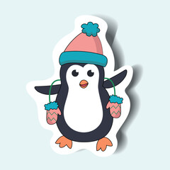 Penguin of the set in sticker style. This charming little penguin is all set for the holidays, complete with a hat, gloves and cheerful demeanor. Vector illustration.