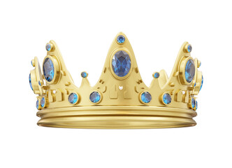 3d royal golden crown with blue diamonds on isolated background. Textured king gold crown. 3d rendering illustration