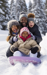 Fototapeta na wymiar African American diversity family sledding together on a snowy slope and having fun, winter activity