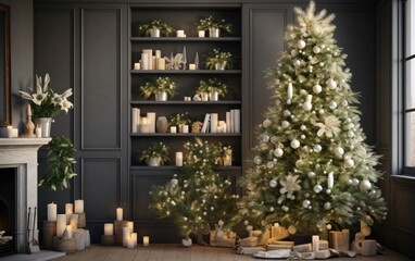 Decorated Christmas trees on a black room next to the fireplace